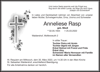 Traueranzeige von Anneliese Rasp von Frankenpost