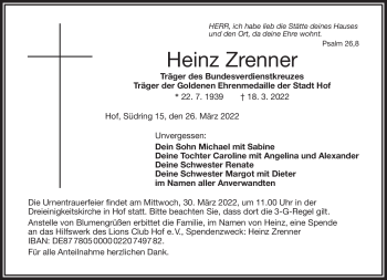 Traueranzeige von Heinz Zrenner von Frankenpost