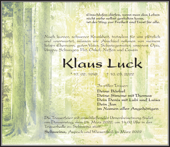 Traueranzeige von Klaus Luck von Südthüringer Presse