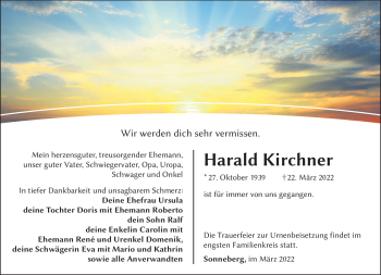 Traueranzeige von Harald Kirchner von Südthüringer Presse
