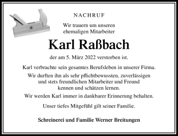 Traueranzeige von Karl Raßbach von Südthüringer Presse