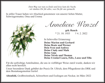 Traueranzeige von Anneliese Wenzel von Südthüringer Presse