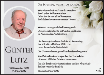 Traueranzeige von Günter Lutz von Südthüringer Presse