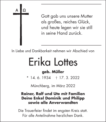 Traueranzeige von Erika Lottes von Frankenpost