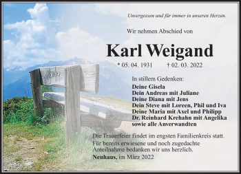 Traueranzeige von Karl Weigand von Südthüringer Presse