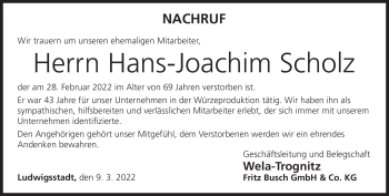Traueranzeige von Hans-Joachim Scholz von Neue Presse Coburg