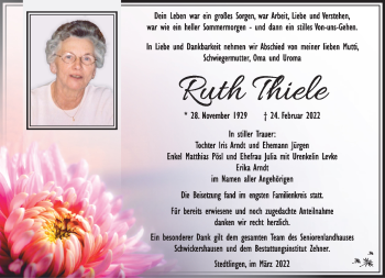 Traueranzeige von Ruth Thiele von Südthüringer Presse