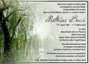 Traueranzeige von Matthias Beck von Südthüringer Presse