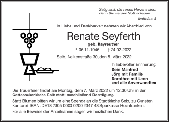 Traueranzeige von Renate Seyferth von Frankenpost