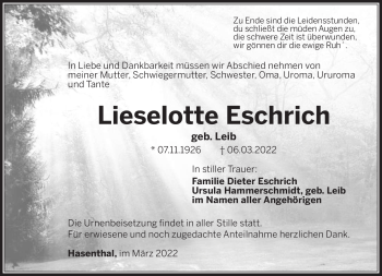 Traueranzeige von Lieselotte Eschrich von Südthüringer Presse