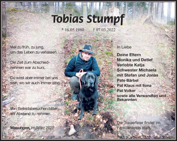 Traueranzeige von Tobias Stumpf von Südthüringer Presse