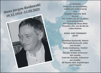 Traueranzeige von Hans Jürgen Koslowski von Südthüringer Presse