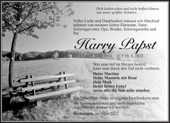 Traueranzeige von Harry Papst von Südthüringer Presse