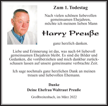 Traueranzeige von Harry Preuße von Südthüringer Presse