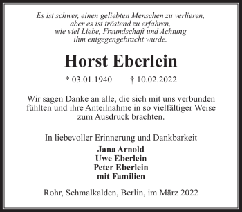 Traueranzeige von Horst Eberlein von Südthüringer Presse