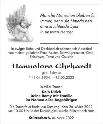 Traueranzeige von Hannelore Ehrhardt von Südthüringer Presse