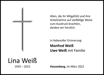Traueranzeige von Lina Weiß von Neue Presse Coburg