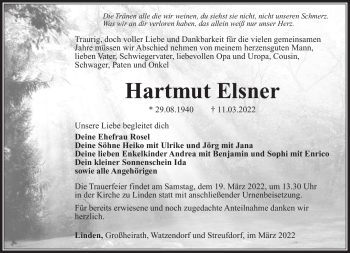 Traueranzeige von Hartmut Elsner von Südthüringer Presse