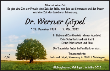 Traueranzeige von Werner Göpel von Südthüringer Presse