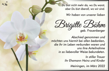 Traueranzeige von Brigitte Böhm von Südthüringer Presse