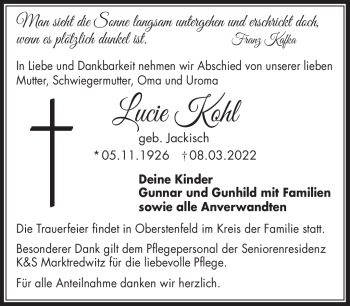 Traueranzeige von Lucie Kohl von Frankenpost