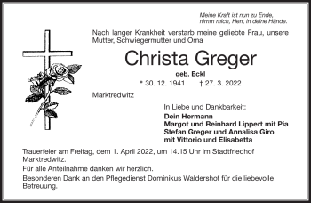 Traueranzeige von Christa Greger von Frankenpost
