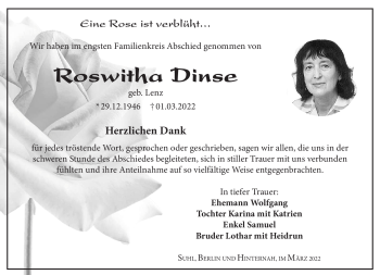 Traueranzeige von Roswitha Dinse von Südthüringer Presse