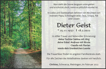 Traueranzeige von Dieter Geist von Südthüringer Presse