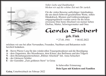 Traueranzeige von Gerda Siebert von Südthüringer Presse