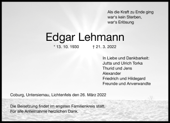 Traueranzeige von Edgar Lehmann von Neue Presse Coburg