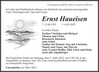Traueranzeige von Ernst Haueisen von Südthüringer Presse