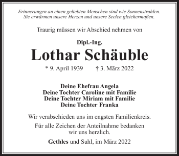 Traueranzeige von Lothar Schäuble von Südthüringer Presse
