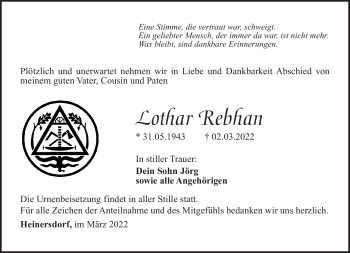 Traueranzeige von Lothar Rebhan von Südthüringer Presse