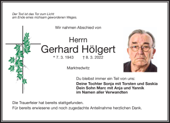 Traueranzeige von Gerhard Hölgert von Frankenpost