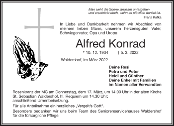 Traueranzeige von Alfred Konrad von Frankenpost