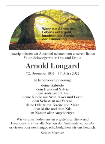 Traueranzeige von Arnold Longard von Südthüringer Presse