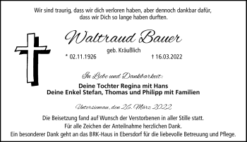 Traueranzeige von Waltraud Bauer von Neue Presse Coburg