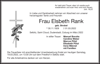 Traueranzeige von Elsbeth Rank von Frankenpost