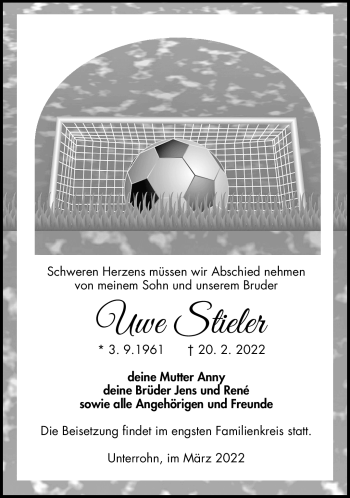 Traueranzeige von Uwe Stieler von Südthüringer Presse