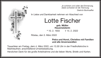 Traueranzeige von Lotte Fischer von Frankenpost