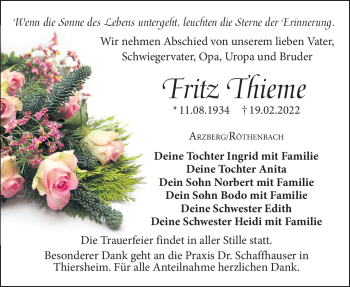 Traueranzeige von Fritz Thieme von Frankenpost