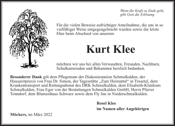 Traueranzeige von Kurt Klee von Südthüringer Presse
