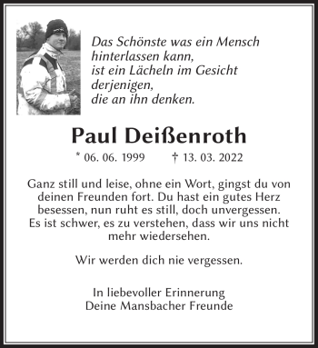 Traueranzeige von Paul Deißenroth von Südthüringer Presse