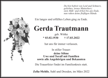 Traueranzeige von Gerda Trautmann von Südthüringer Presse