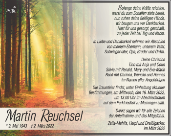 Traueranzeige von Martin Reuchsel von Südthüringer Presse