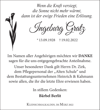 Traueranzeige von Ingeburg Gratz von Südthüringer Presse