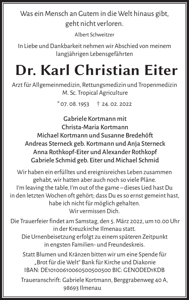  Traueranzeige für Dr.Karl Eiter vom 01.03.2022 aus Südthüringer Presse
