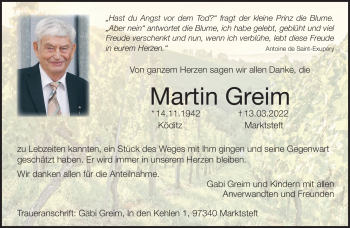 Traueranzeige von Martin Greim von Frankenpost