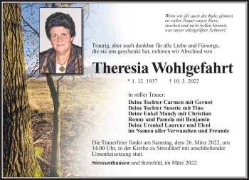 Traueranzeige von Theresia Wohlgefahrt von Südthüringer Presse