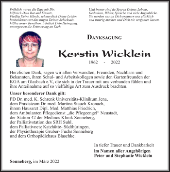 Traueranzeige von Kerstin Wicklein von Südthüringer Presse